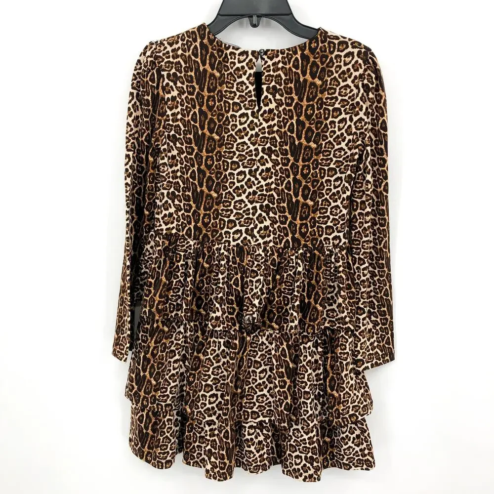 BARDOT JUNIORS Girls Keira Dress Size 14 Brown Leopard Knit Tiered Long Sleeves